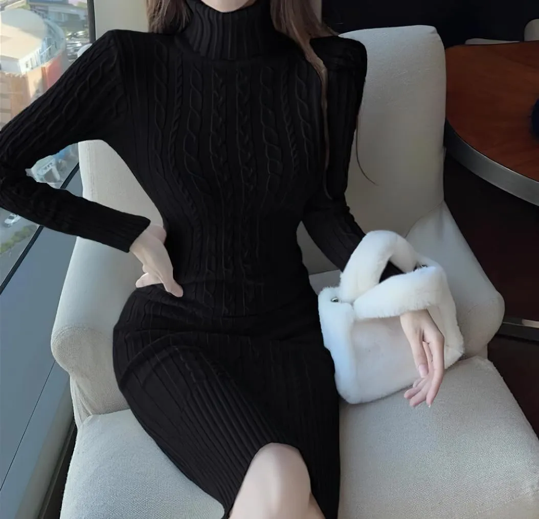 chouyatou Women's Fall Sexy Bodycon Pencil Turtleneck Cable Knit Midi Sweater Dress Pullover Sweater Dress
