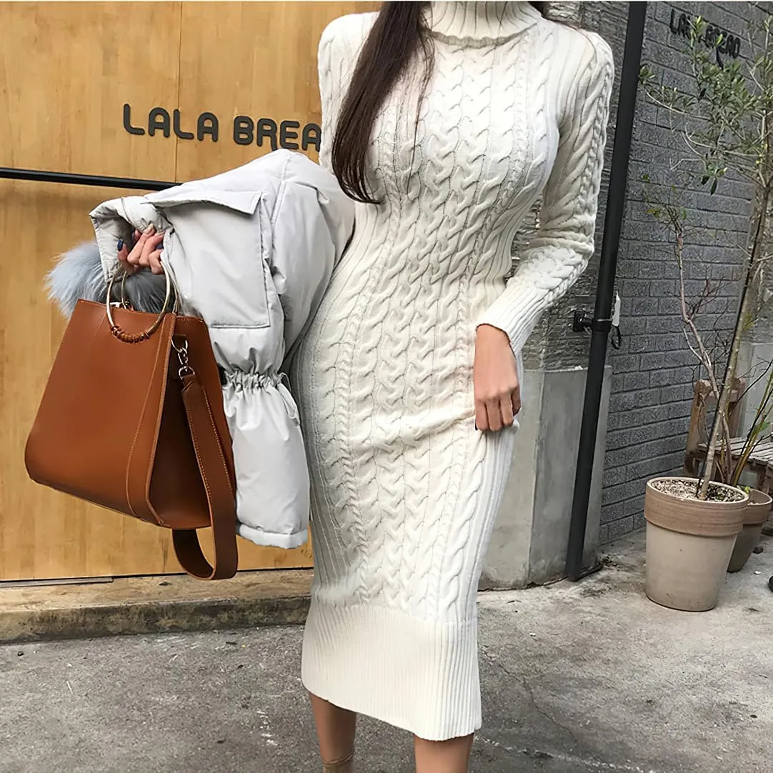 chouyatou Women's Fall Sexy Bodycon Pencil Turtleneck Cable Knit Midi Sweater Dress Pullover Sweater Dress