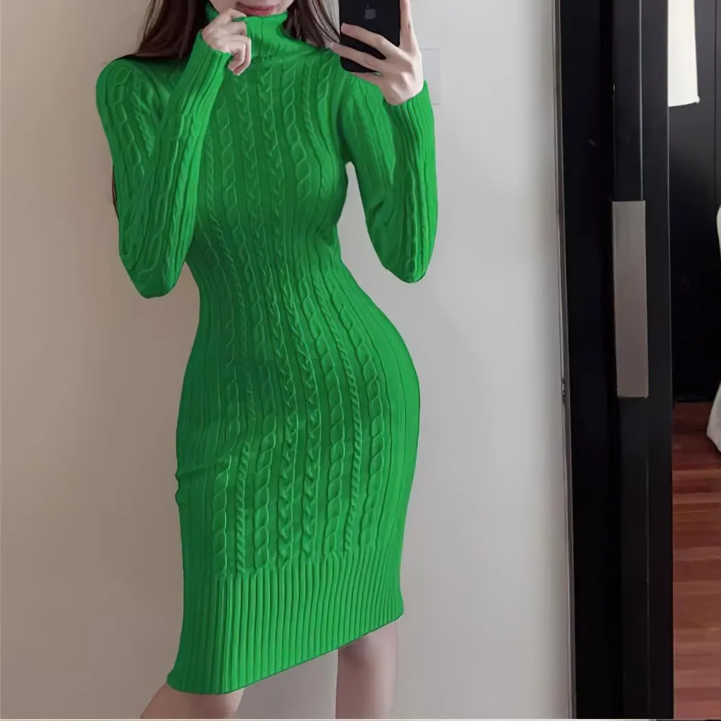 chouyatou Women's Fall Sexy Bodycon Pencil Turtleneck Cable Knit Midi Sweater Dress Pullover Sweater Dress