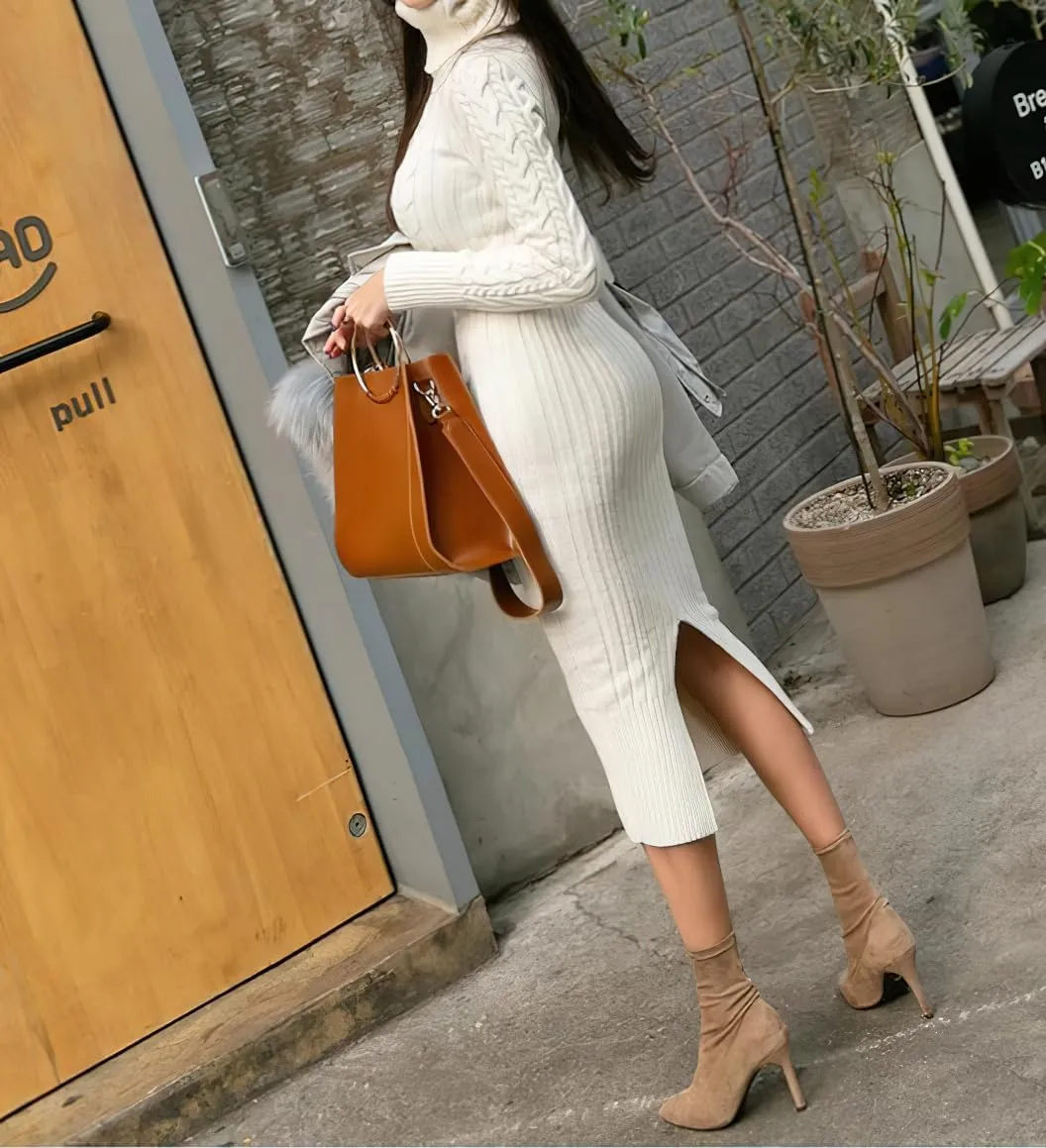 chouyatou Women's Fall Sexy Bodycon Pencil Turtleneck Cable Knit Midi Sweater Dress Pullover Sweater Dress