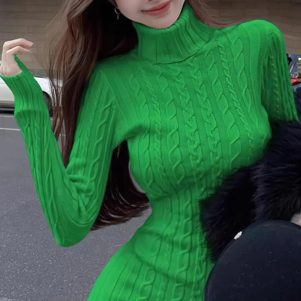chouyatou Women's Fall Sexy Bodycon Pencil Turtleneck Cable Knit Midi Sweater Dress Pullover Sweater Dress
