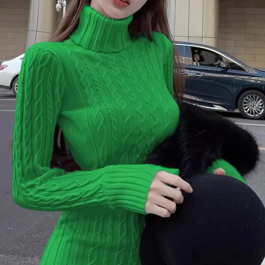 chouyatou Women's Fall Sexy Bodycon Pencil Turtleneck Cable Knit Midi Sweater Dress Pullover Sweater Dress