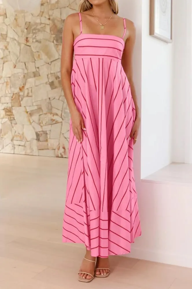 chouyatou Women's Summer Striped Spaghetti Strap Maxi Dress Boho Flowy Swing Back Smocked Beach Sundress