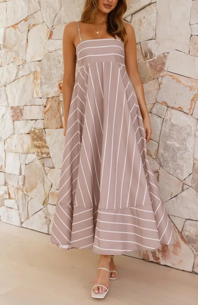 chouyatou Women's Summer Striped Spaghetti Strap Maxi Dress Boho Flowy Swing Back Smocked Beach Sundress