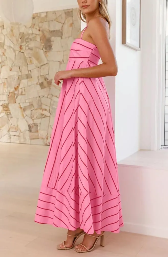 chouyatou Women's Summer Striped Spaghetti Strap Maxi Dress Boho Flowy Swing Back Smocked Beach Sundress