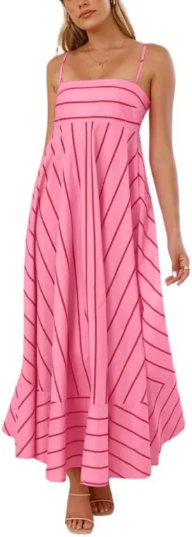 chouyatou Women's Summer Striped Spaghetti Strap Maxi Dress Boho Flowy Swing Back Smocked Beach Sundress