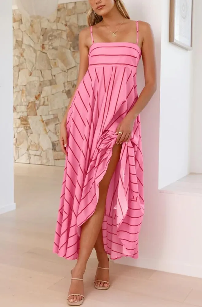 chouyatou Women's Summer Striped Spaghetti Strap Maxi Dress Boho Flowy Swing Back Smocked Beach Sundress