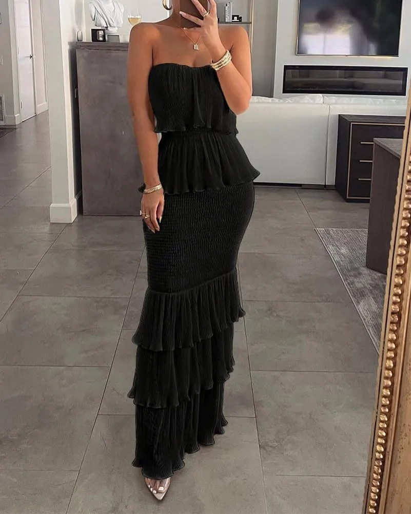 chouyatou Women's Sweet Ruffle Smocked Bodycon Maxi Dress Shirred Package Hip Mermaid Bandeau Dress