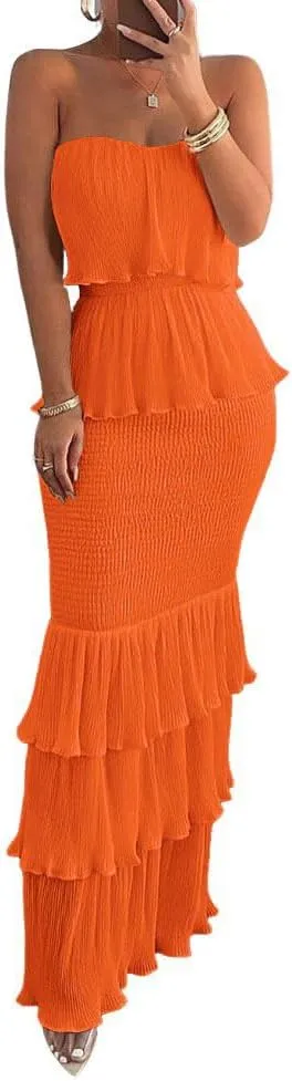 chouyatou Women's Sweet Ruffle Smocked Bodycon Maxi Dress Shirred Package Hip Mermaid Bandeau Dress