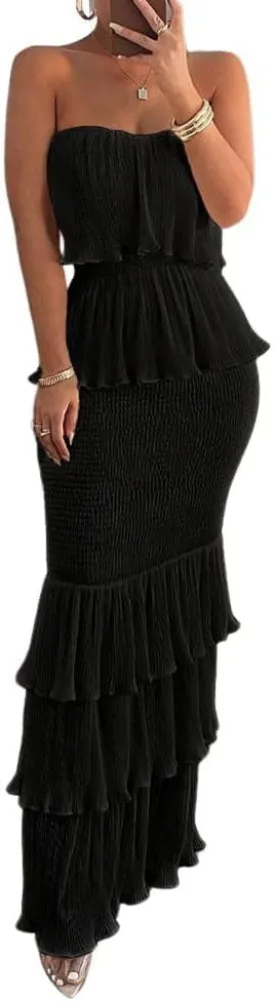 chouyatou Women's Sweet Ruffle Smocked Bodycon Maxi Dress Shirred Package Hip Mermaid Bandeau Dress