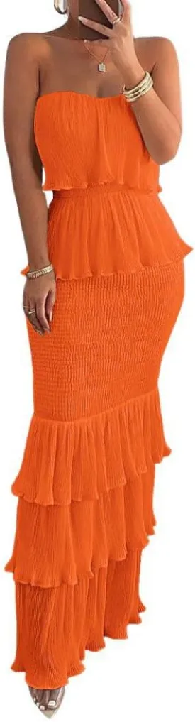 chouyatou Women's Sweet Ruffle Smocked Bodycon Maxi Dress Shirred Package Hip Mermaid Bandeau Dress