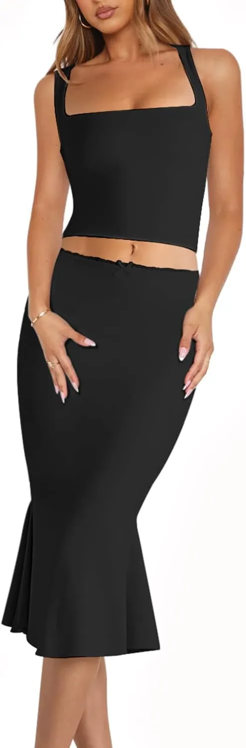 CHYRII Womens Two Piece Sets Short Sleeve Crewneck Cropped Top Bodycon Fold Over Maxi Skirt Maxi Dress Outfits