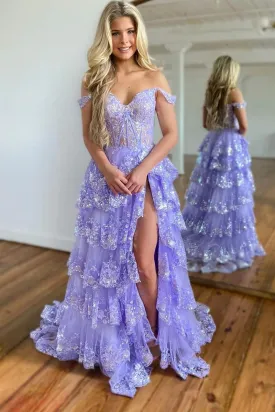 Cute Ball Gown Sweetheart Lavender Tiered Tulle Long Prom Dresses VK23050601