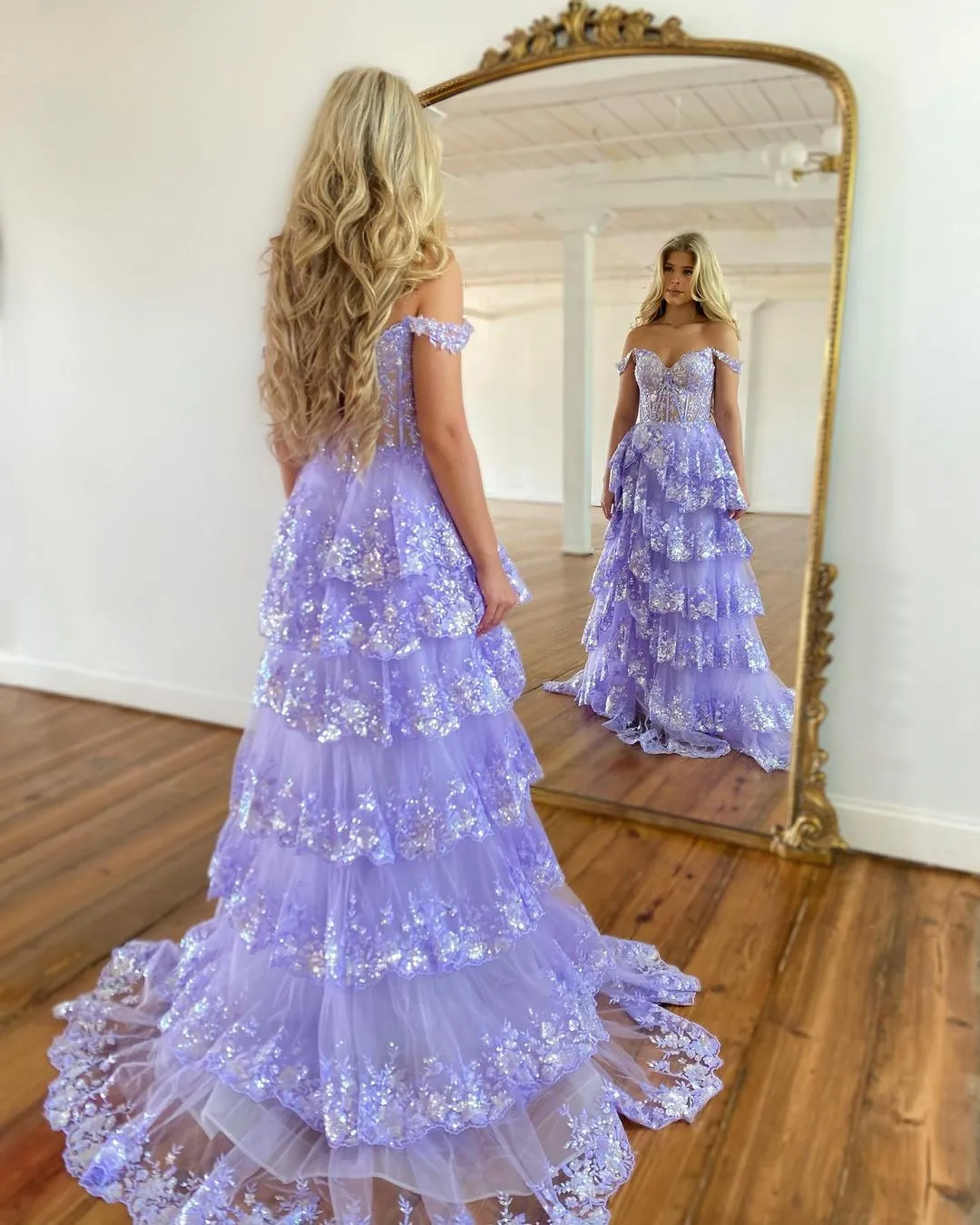 Cute Ball Gown Sweetheart Lavender Tiered Tulle Long Prom Dresses VK23050601