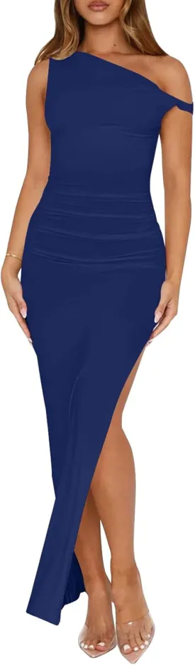 Ekaliy Women's Sexy Ruched Bodycon Dress Sleeveless Off Shoulder Slit Cocktail Maxi Dresses