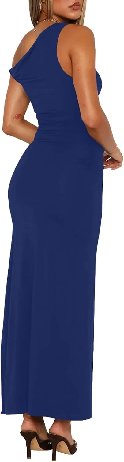 Ekaliy Women's Sexy Ruched Bodycon Dress Sleeveless Off Shoulder Slit Cocktail Maxi Dresses