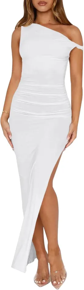 Ekaliy Women's Sexy Ruched Bodycon Dress Sleeveless Off Shoulder Slit Cocktail Maxi Dresses