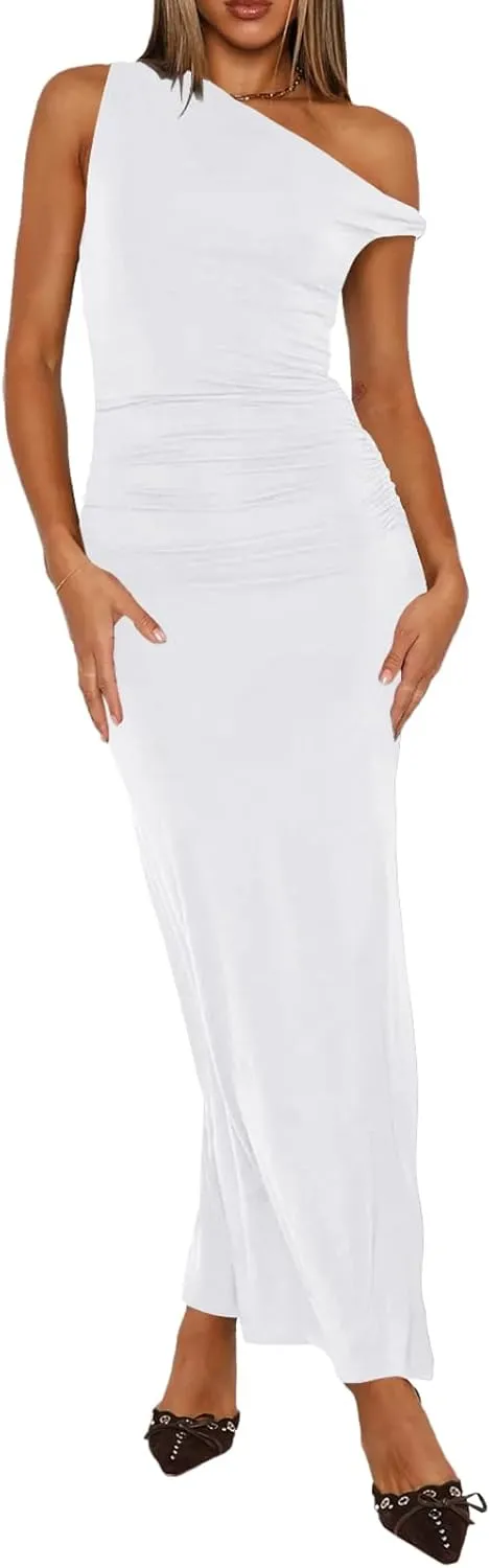 Ekaliy Women's Sexy Ruched Bodycon Dress Sleeveless Off Shoulder Slit Cocktail Maxi Dresses