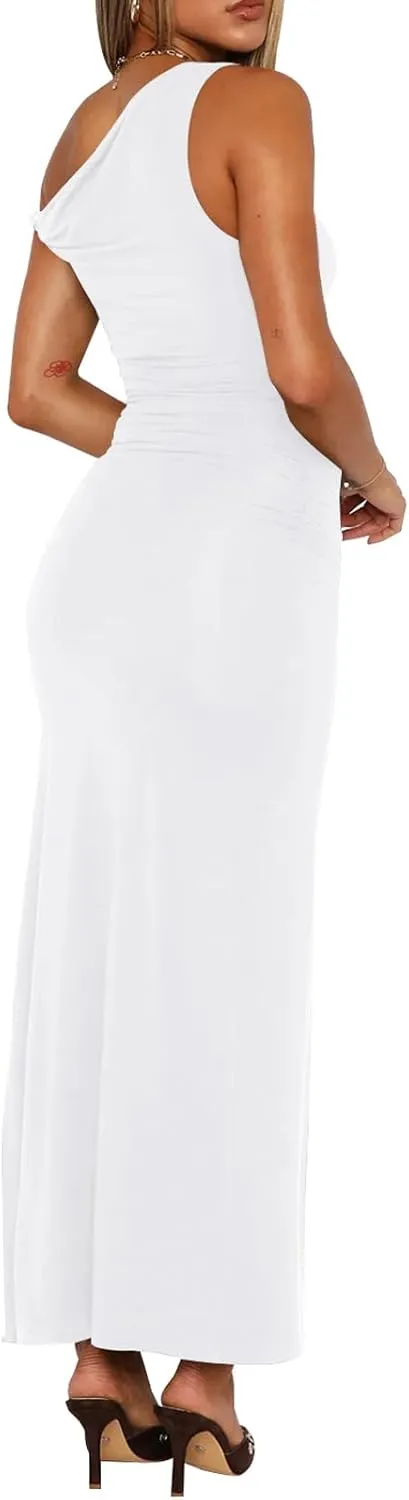 Ekaliy Women's Sexy Ruched Bodycon Dress Sleeveless Off Shoulder Slit Cocktail Maxi Dresses