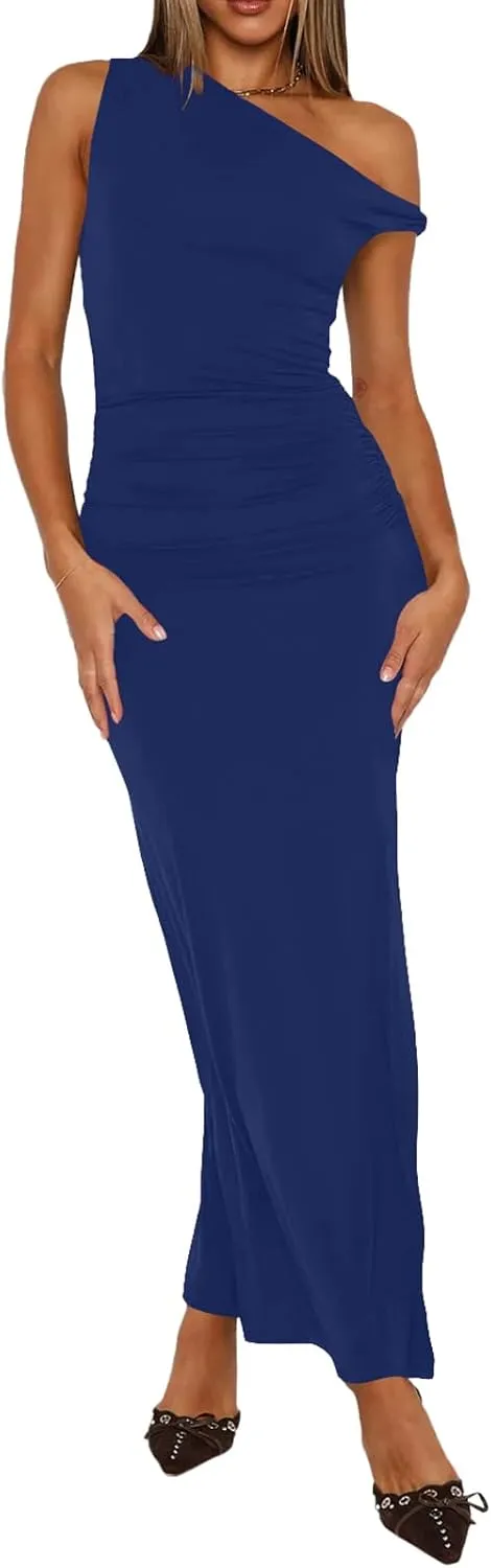 Ekaliy Women's Sexy Ruched Bodycon Dress Sleeveless Off Shoulder Slit Cocktail Maxi Dresses