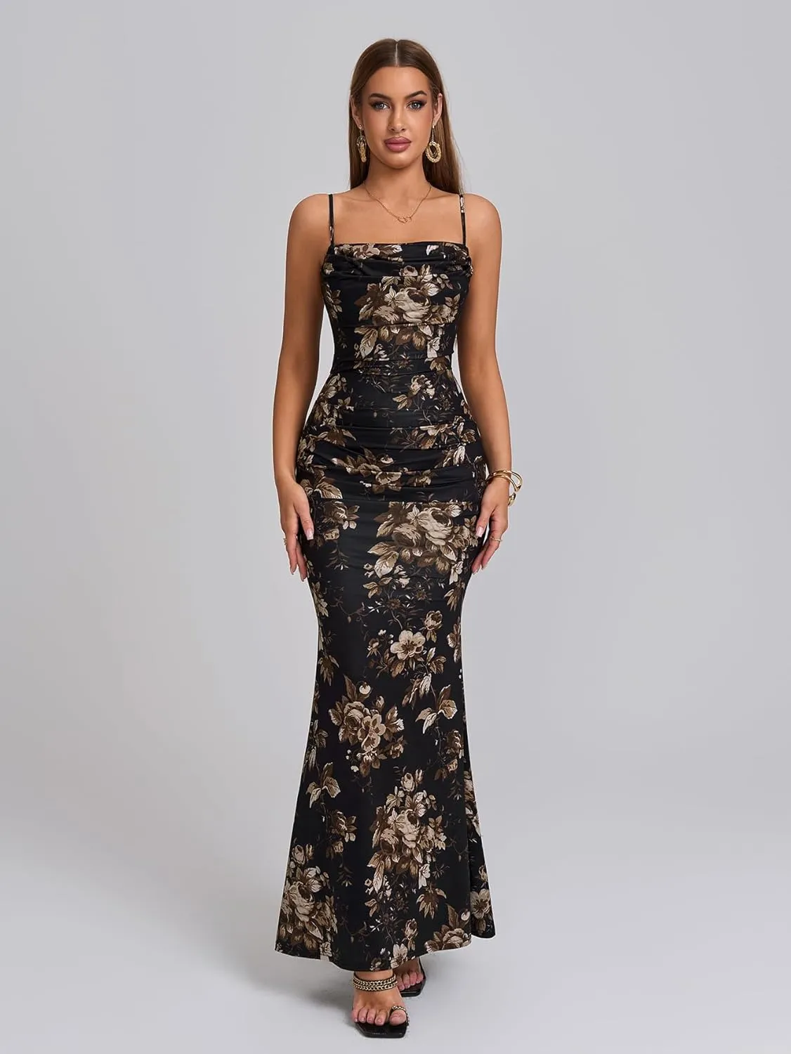 EYNMIN Women's Sleeveless Bodycon Corset Maxi Dress Spaghetti Strap Ruched Elegant Evening Wedding Guest Long Formal Dresses