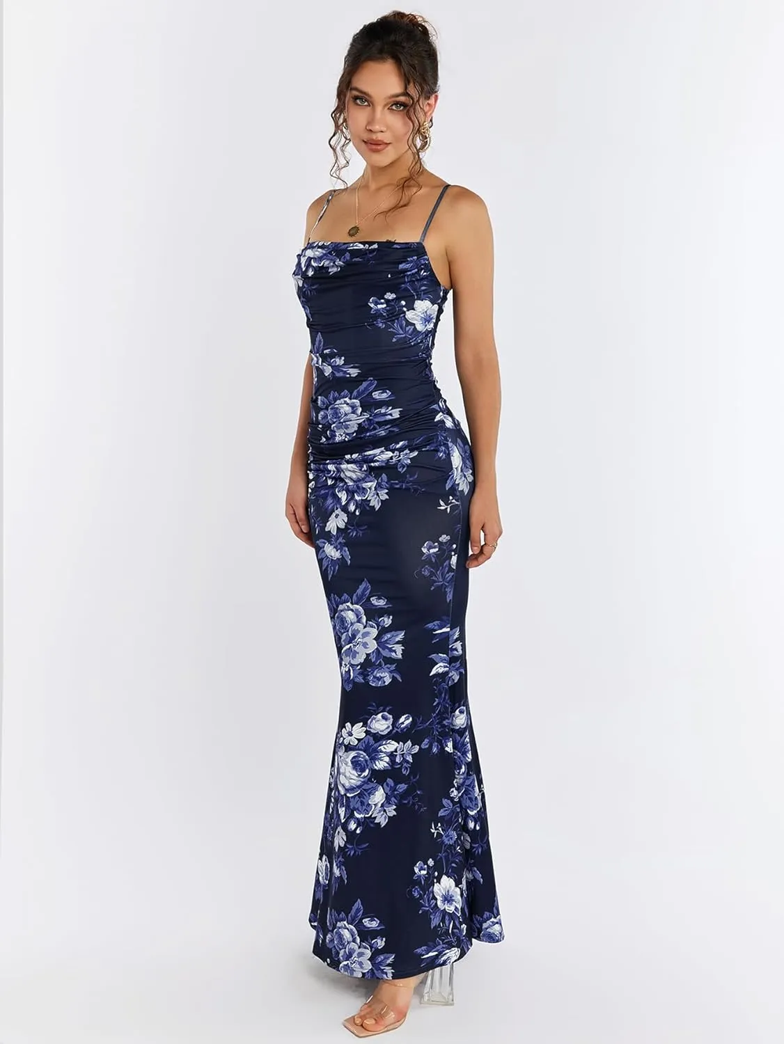 EYNMIN Women's Sleeveless Bodycon Corset Maxi Dress Spaghetti Strap Ruched Elegant Evening Wedding Guest Long Formal Dresses