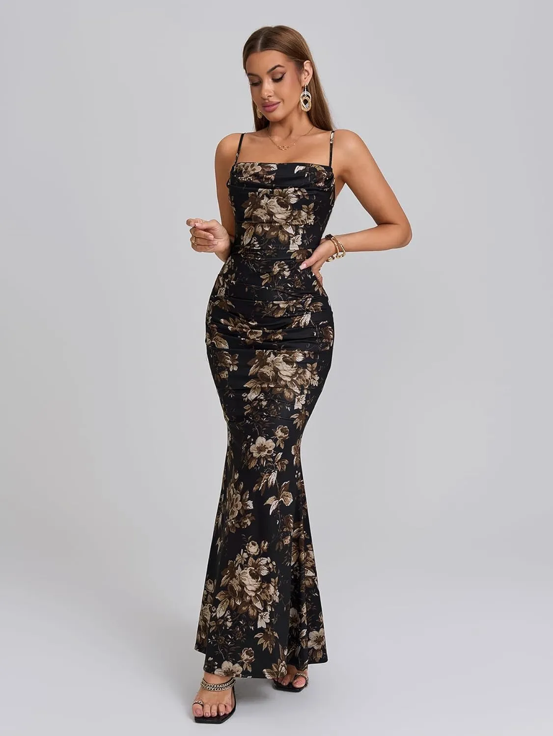 EYNMIN Women's Sleeveless Bodycon Corset Maxi Dress Spaghetti Strap Ruched Elegant Evening Wedding Guest Long Formal Dresses