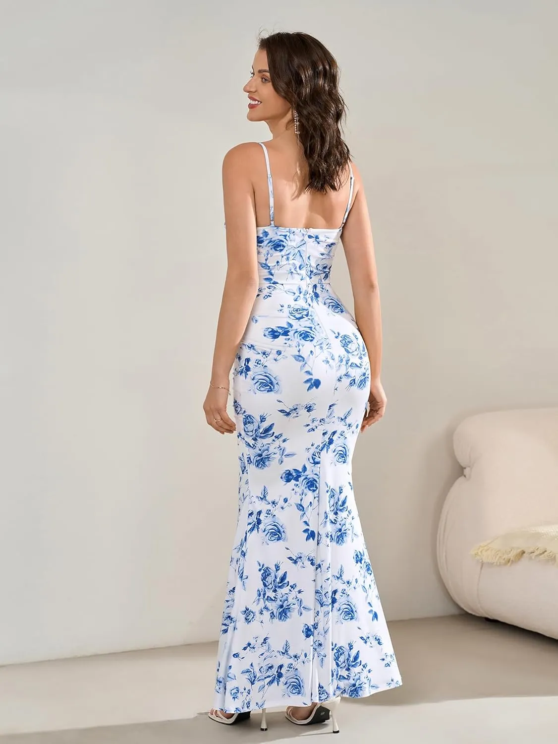 EYNMIN Women's Sleeveless Bodycon Corset Maxi Dress Spaghetti Strap Ruched Elegant Evening Wedding Guest Long Formal Dresses