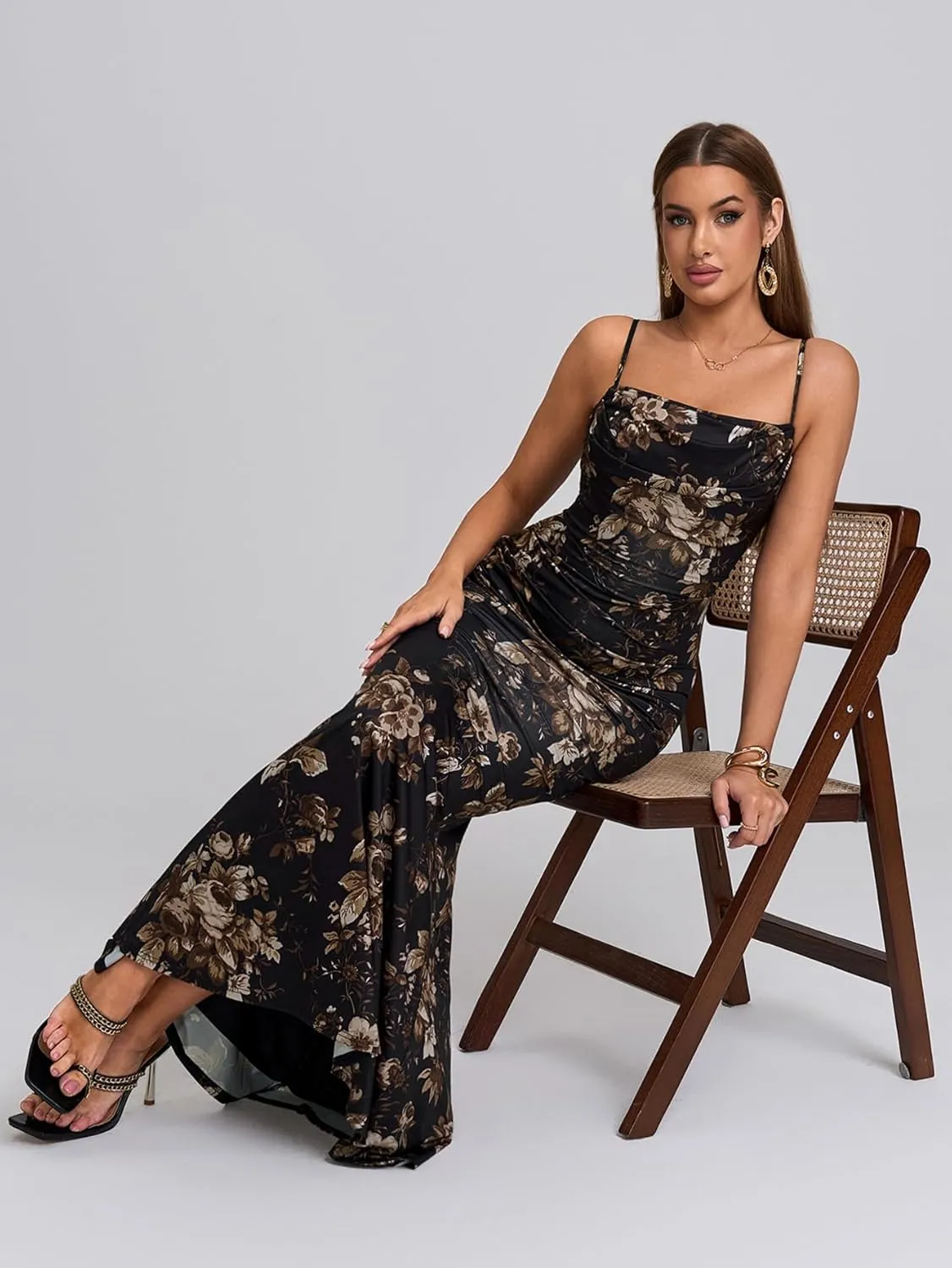 EYNMIN Women's Sleeveless Bodycon Corset Maxi Dress Spaghetti Strap Ruched Elegant Evening Wedding Guest Long Formal Dresses