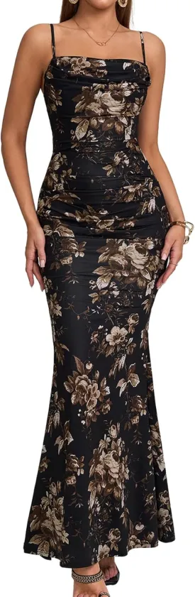 EYNMIN Women's Sleeveless Bodycon Corset Maxi Dress Spaghetti Strap Ruched Elegant Evening Wedding Guest Long Formal Dresses