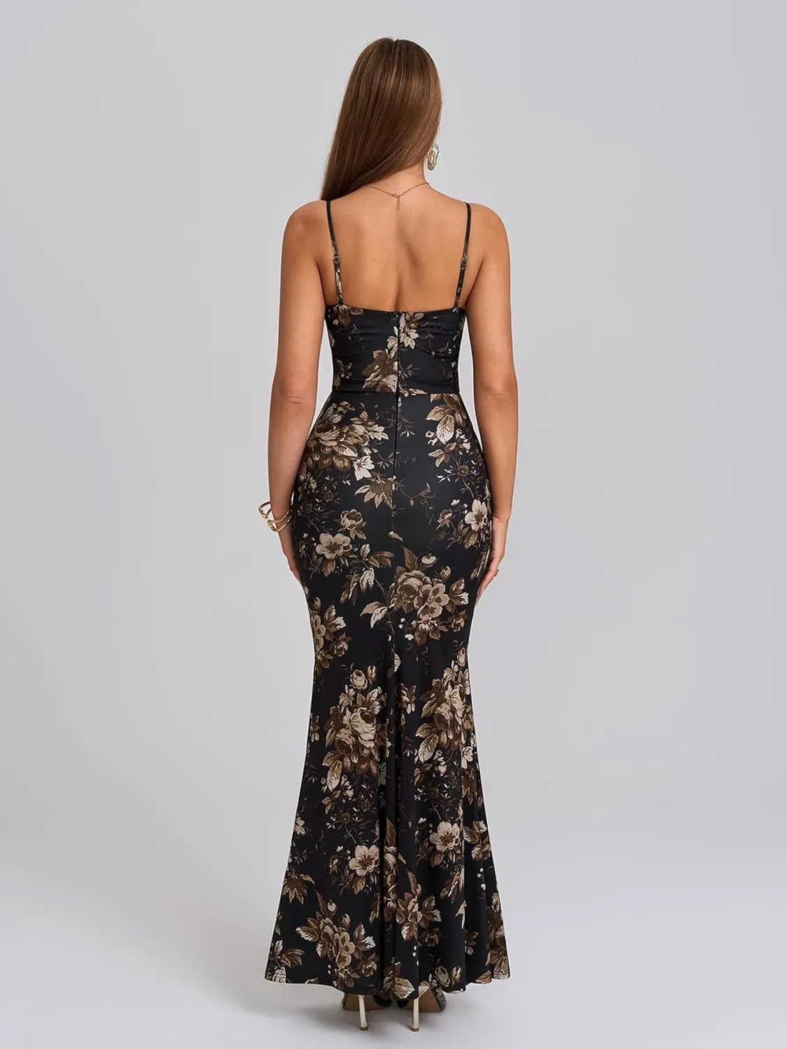 EYNMIN Women's Sleeveless Bodycon Corset Maxi Dress Spaghetti Strap Ruched Elegant Evening Wedding Guest Long Formal Dresses