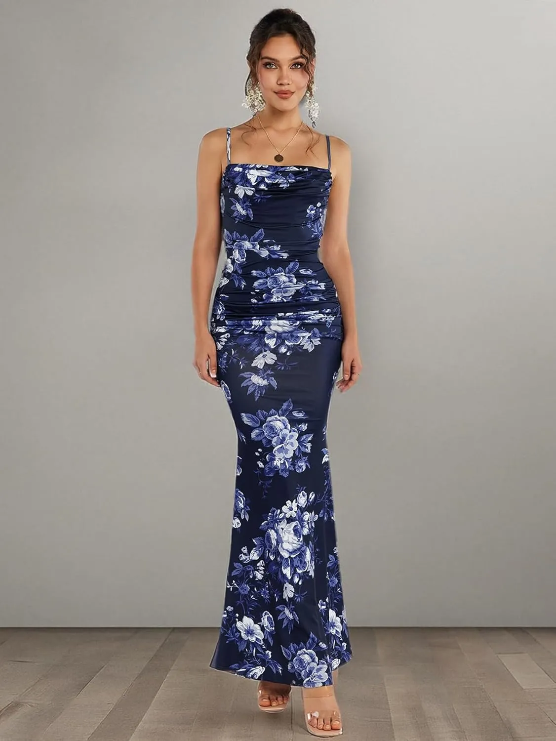 EYNMIN Women's Sleeveless Bodycon Corset Maxi Dress Spaghetti Strap Ruched Elegant Evening Wedding Guest Long Formal Dresses