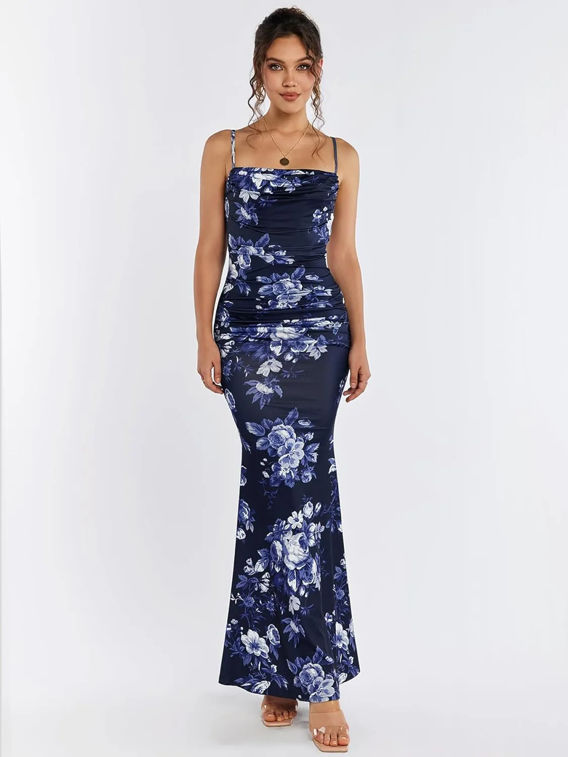 EYNMIN Women's Sleeveless Bodycon Corset Maxi Dress Spaghetti Strap Ruched Elegant Evening Wedding Guest Long Formal Dresses
