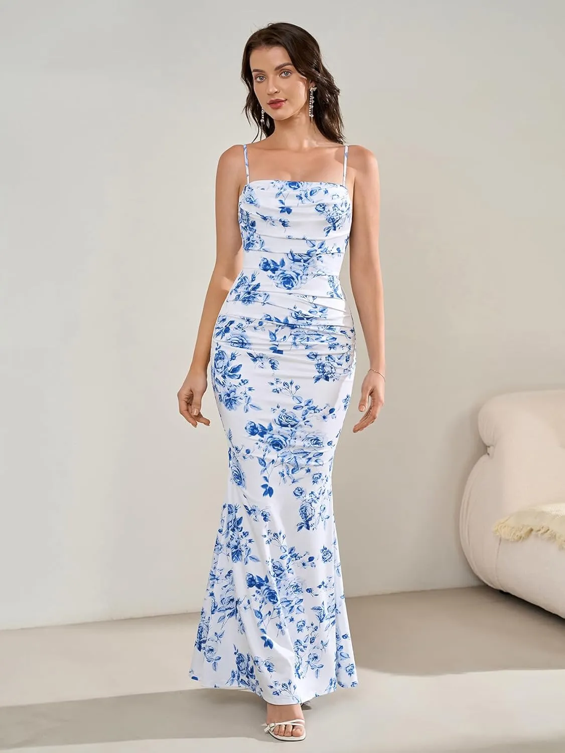 EYNMIN Women's Sleeveless Bodycon Corset Maxi Dress Spaghetti Strap Ruched Elegant Evening Wedding Guest Long Formal Dresses