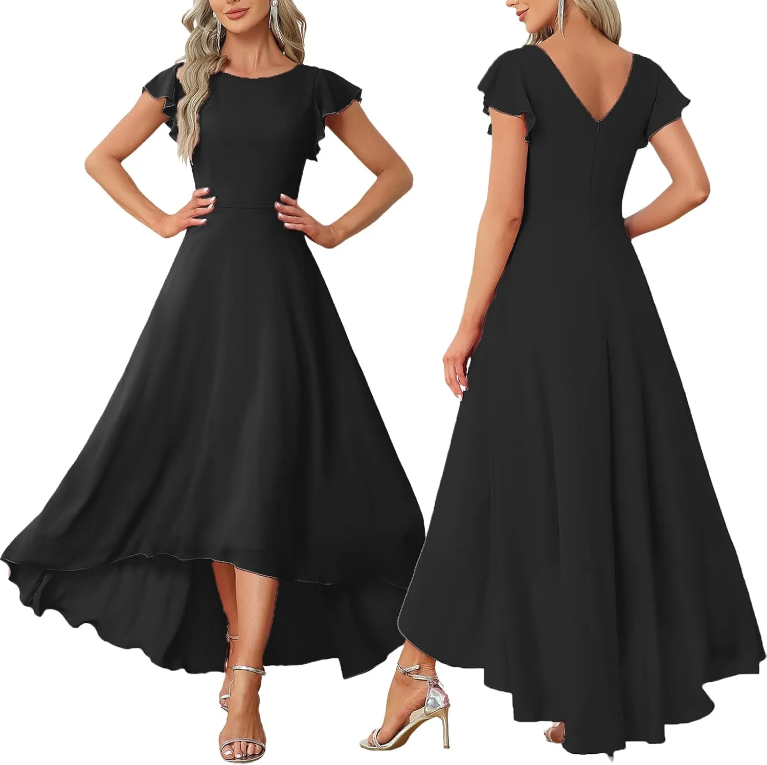 FairyLove Women's Evening Elegant Ruffle Mermaid Guest V Neck Cocktail Party Bridesmaid Cap Sleeve Dresses