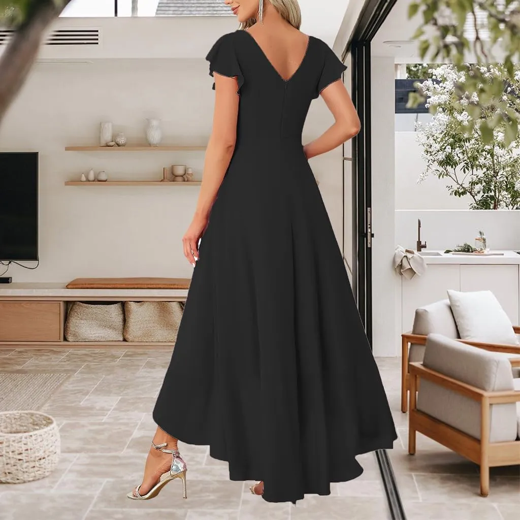 FairyLove Women's Evening Elegant Ruffle Mermaid Guest V Neck Cocktail Party Bridesmaid Cap Sleeve Dresses
