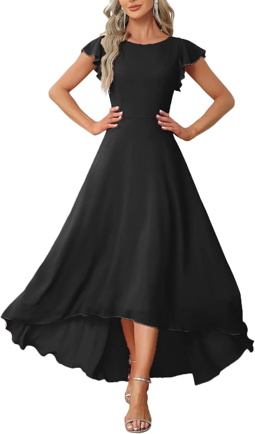 FairyLove Women's Evening Elegant Ruffle Mermaid Guest V Neck Cocktail Party Bridesmaid Cap Sleeve Dresses