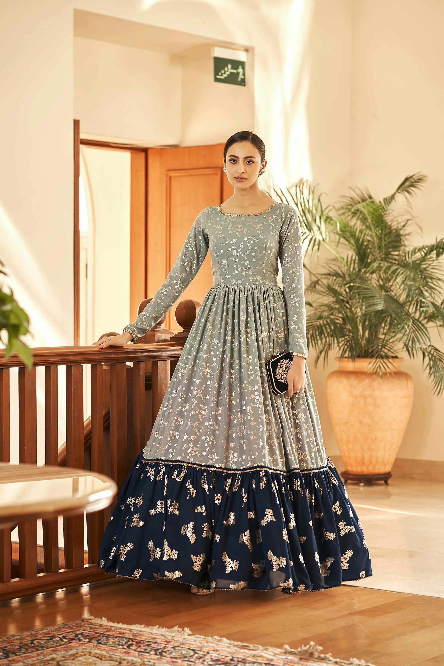 Grey Block Print Georgette Salwar Semi Stitched