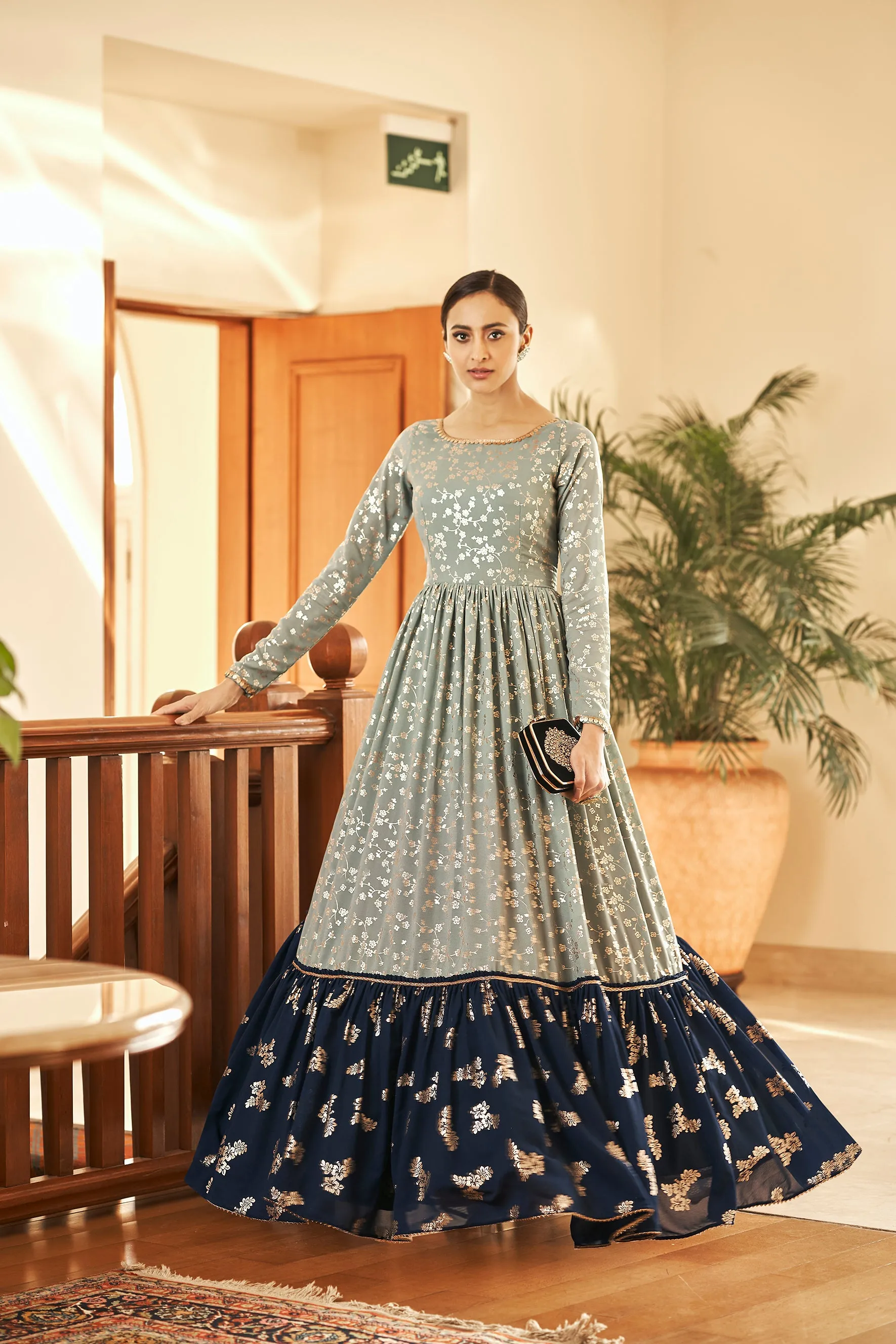 Grey Block Print Georgette Salwar Semi Stitched