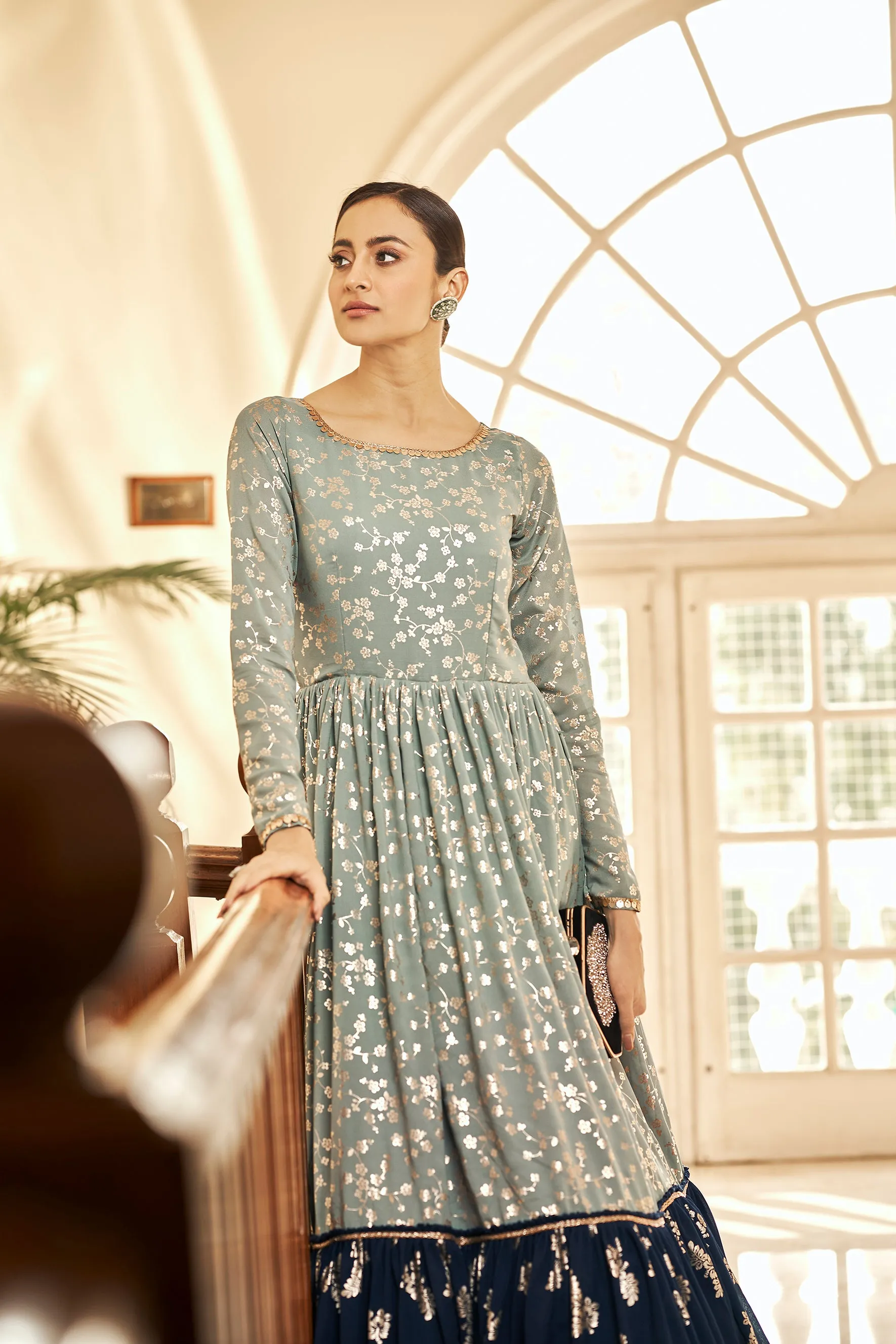 Grey Block Print Georgette Salwar Semi Stitched
