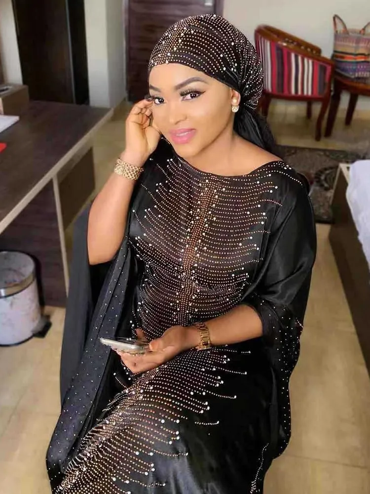 HD African Dresses for Women Fashion Beading Rhinestone Kaftan Maxi Dress