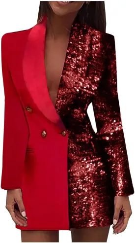 HGps8w Double Breasted Sequins Blazer Dress for Women Sexy Colorblock Long Blazers Jackets Formal Evening Party Club Outfit