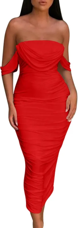 HOCILLE Women's Sexy Ruched Bodycon Strapless Off Shoulder Midi Club Party Tube Dresses
