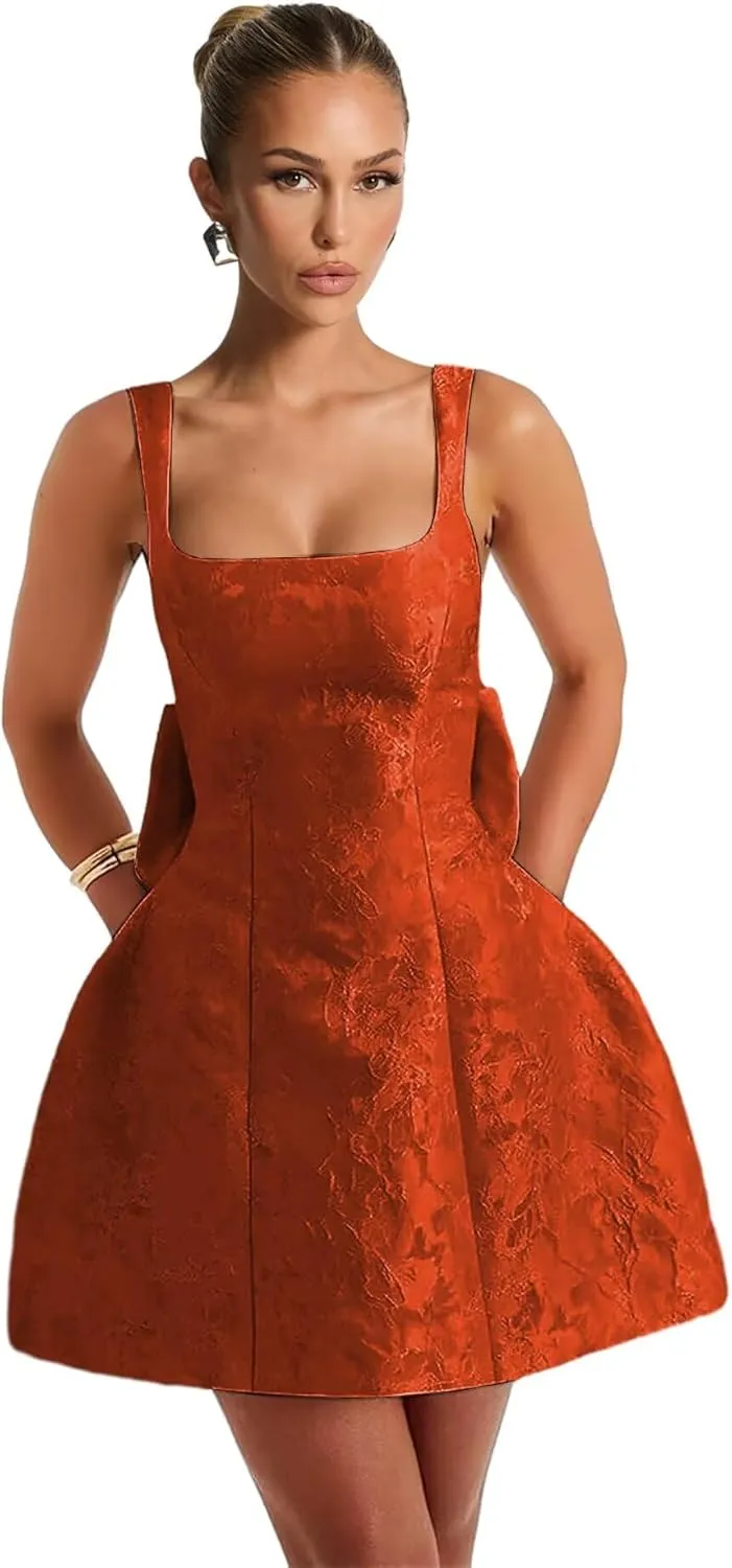 Jacquard Satin Homecoming Dresses with Bow Corset Short Prom Dress for Teens Spaghetti Straps Cocktail Gown