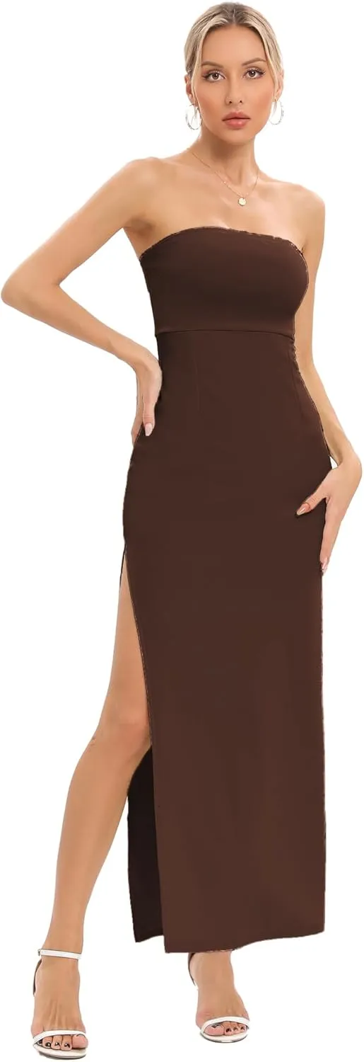 JLCNCUE Women's Tube Strapless Maxi Dress Side Slit Bodycon Dresses Sleeveless Off Shoulder Backless Cocktail Dress 295