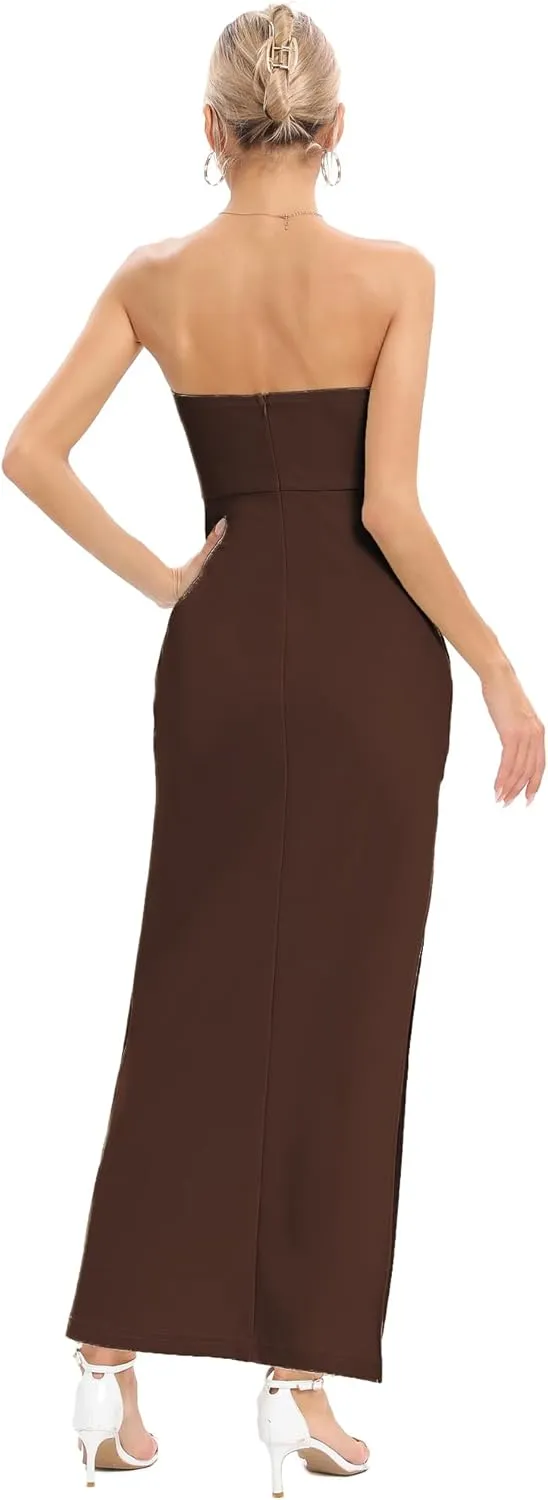 JLCNCUE Women's Tube Strapless Maxi Dress Side Slit Bodycon Dresses Sleeveless Off Shoulder Backless Cocktail Dress 295