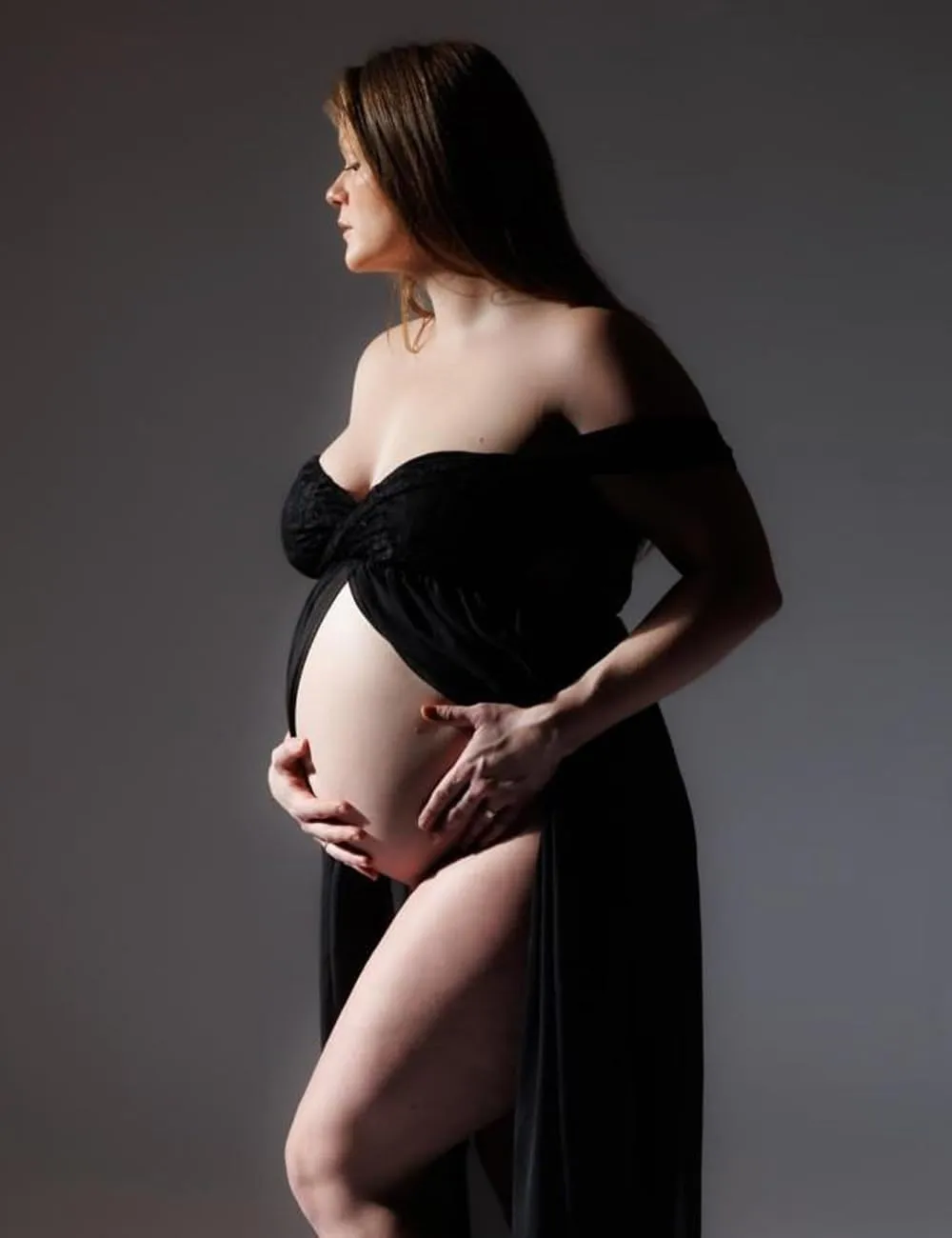 JustVH Maternity Dresses for Photoshoot Off Shoulder Chiffon Lace Gown Split Front Maxi Photography Dresses
