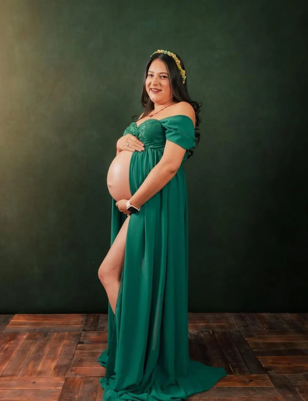 JustVH Maternity Dresses for Photoshoot Off Shoulder Chiffon Lace Gown Split Front Maxi Photography Dresses