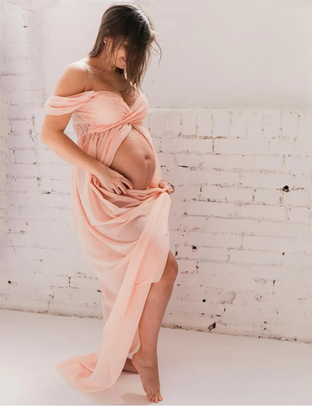 JustVH Maternity Dresses for Photoshoot Off Shoulder Chiffon Lace Gown Split Front Maxi Photography Dresses