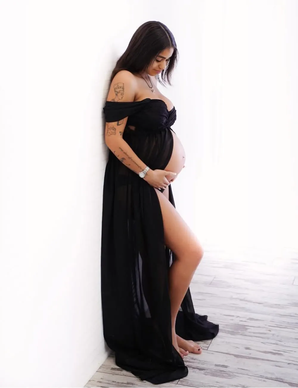 JustVH Maternity Dresses for Photoshoot Off Shoulder Chiffon Lace Gown Split Front Maxi Photography Dresses